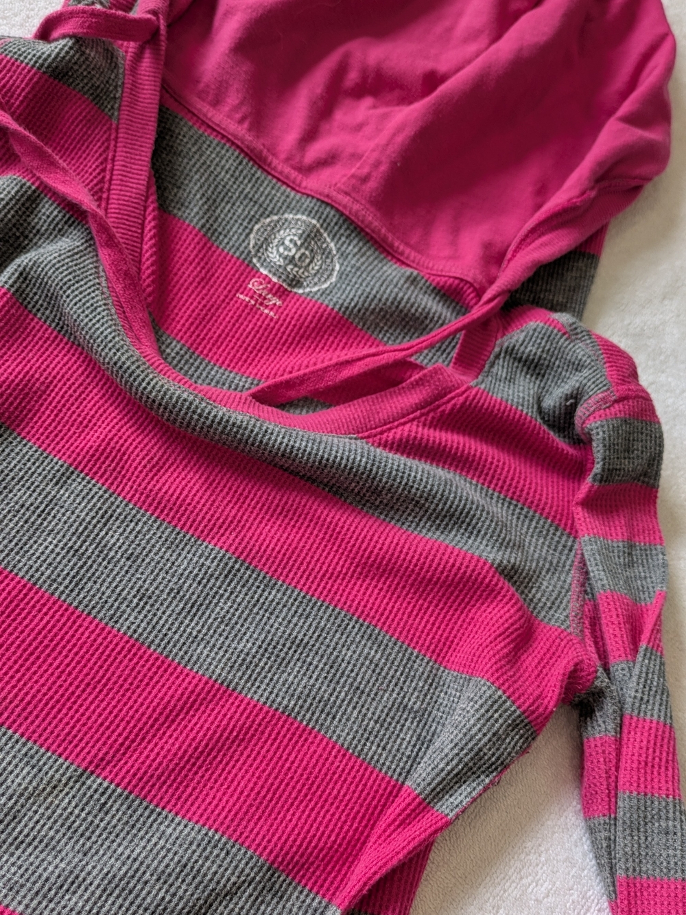SO Lounge Women's Striped Pullover Hoodie Hooded Pockets Pink Gray S Y2K